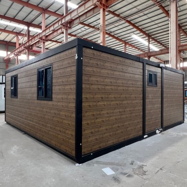 20ft Expandable Container House Wenge Wood Panels Black Frame 2 Bedrooms Flat Roof Design - Image 4