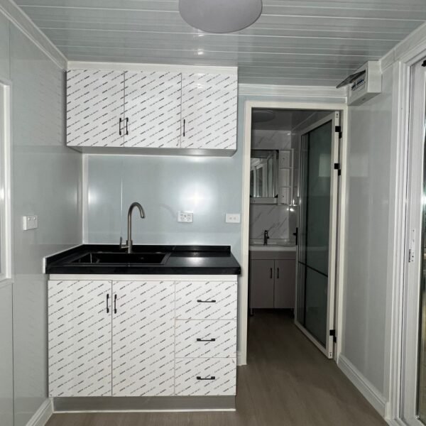 20ft Modern Welded Container Home with Kitchen and Bathroom – Grey Wall Panel & White Frame - Image 6