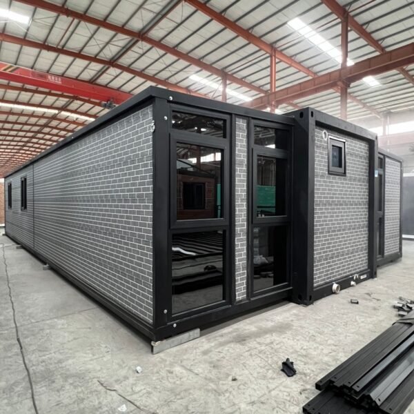 40ft Expandable House with Black Frame Gray Walls Glass Curtain Wall Four Bedrooms Two Bathrooms - Image 3