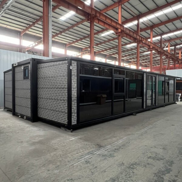 40ft Expandable House with Black Frame Gray Walls Glass Curtain Wall Four Bedrooms Two Bathrooms