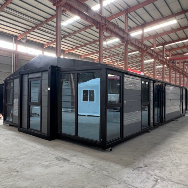 40ft Expandable House with Black Frame Antique Gray Walls Four Bedrooms One Bathroom