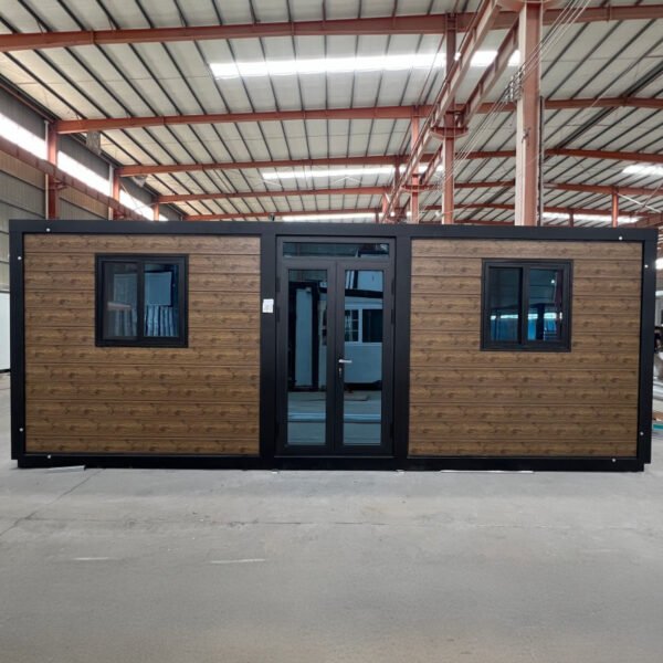 20ft Expandable Container House Wenge Wood Panels Black Frame 2 Bedrooms Flat Roof Design
