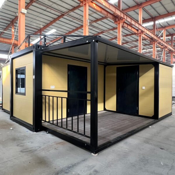 20FT Black & Beige Expandable Container Home with Half Terrace & Half Room