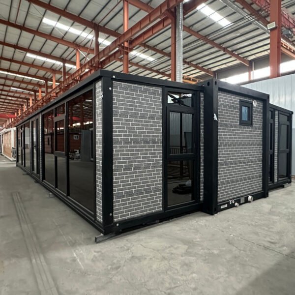 40ft Expandable House with Black Frame Gray Walls Glass Curtain Wall Four Bedrooms Two Bathrooms - Image 2