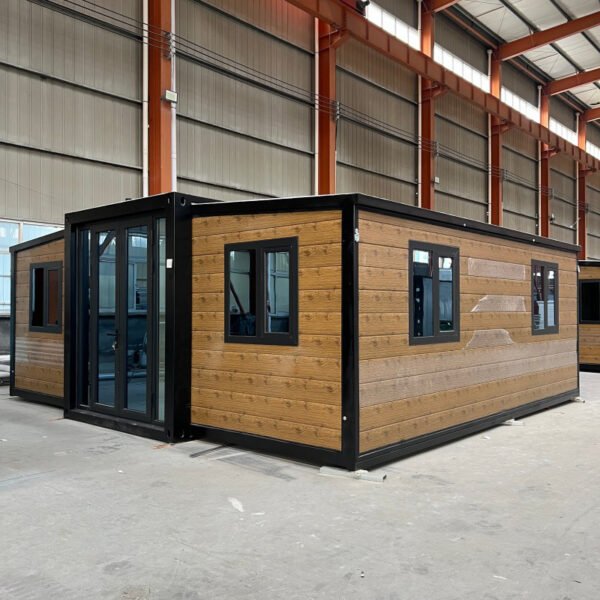 20ft Expandable House with Black Frame and Chicken Wing Wood Panels Two Bedrooms One Bathroom