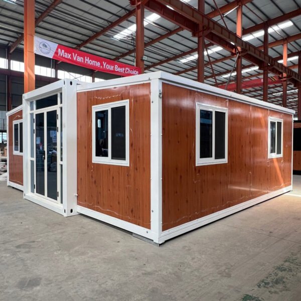 20ft Expandable House with White Frame Wood Grain Finish Two Bedrooms One Bathroom