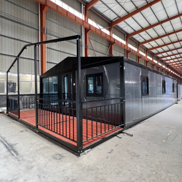 40ft Expandable House with Black Frame Three Bedrooms One Bathroom Flat Roof Dual Wings and Sloped Roof Pavilion