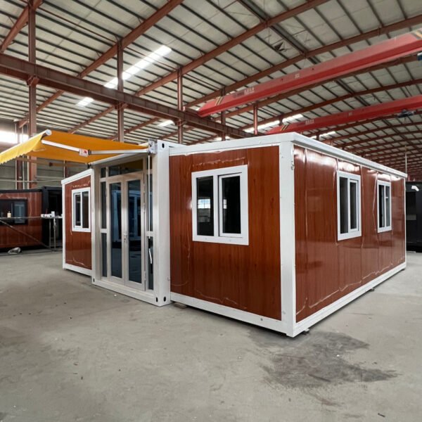 20ft Expandable House with White Frame Wood Grain Finish Four Bedrooms One Bathroom Dual Wings with Entry Canopy