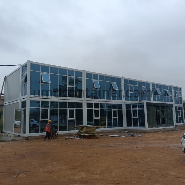 Two-story modular office building with glass front